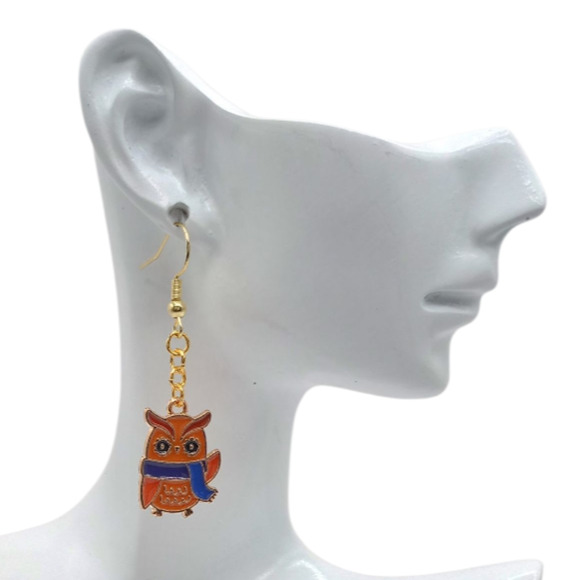 Brown Owl Earrings with Blue Scarf – Fall Autumn Dangle Jewelry - Picture 2 of 4